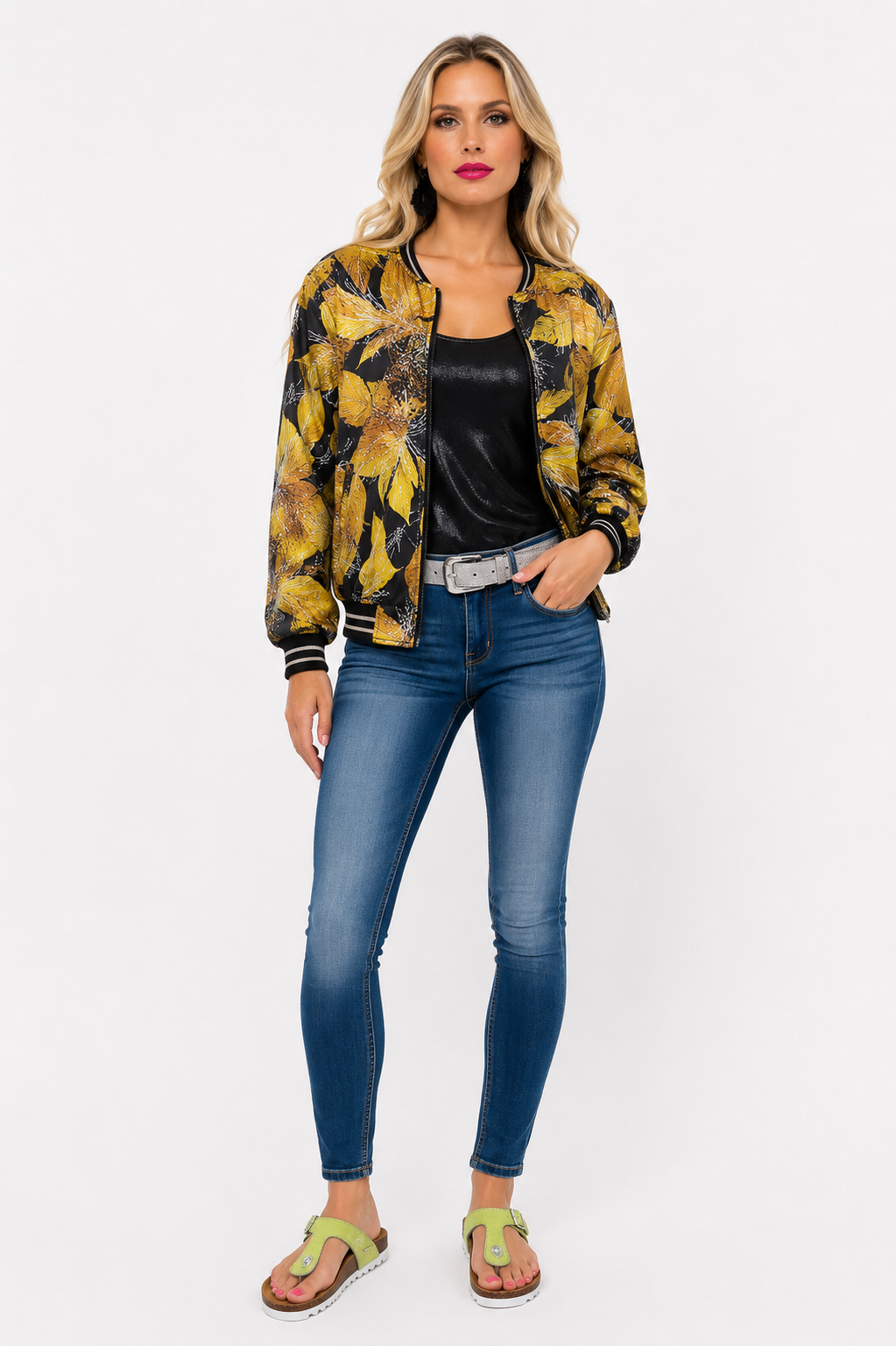 Chartruse Print Lightweight Bomber Jacket