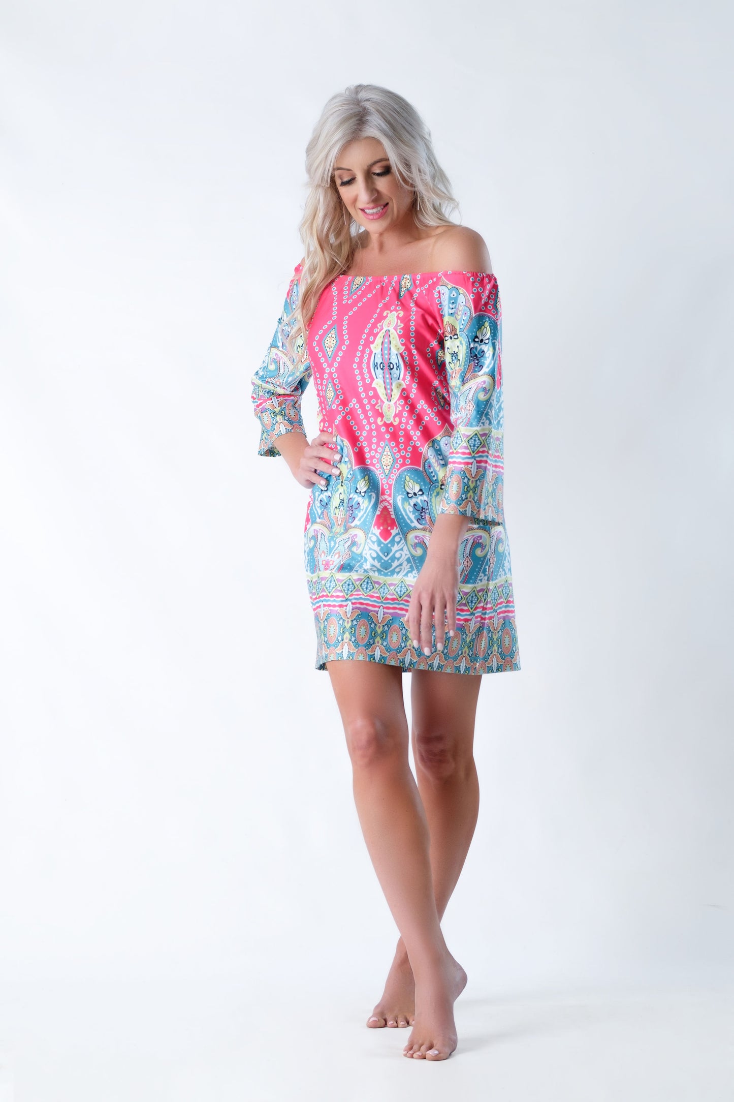 Off the shoulder dress with sleeves - Cerise Pink and Teal Pattern