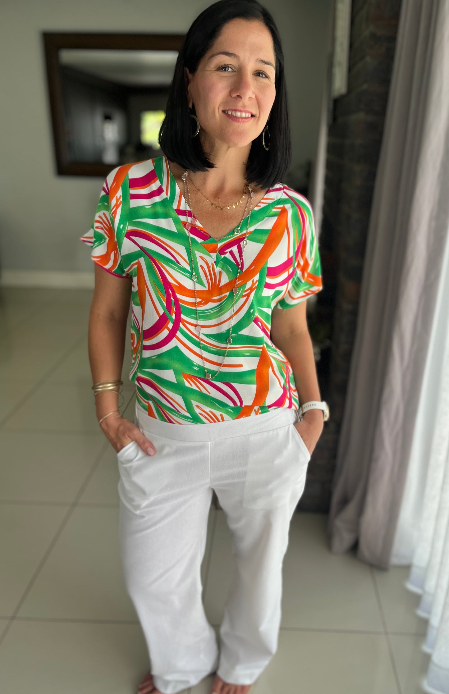 V-Neck Blouse - Green Orange Pink