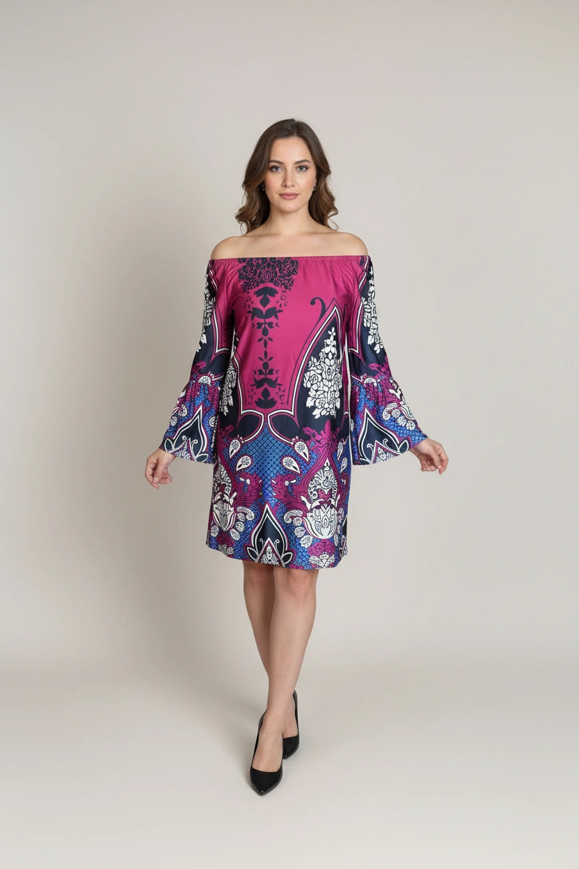 Off the Shoulder Dress with Sleeves - Pink and Blue Floral