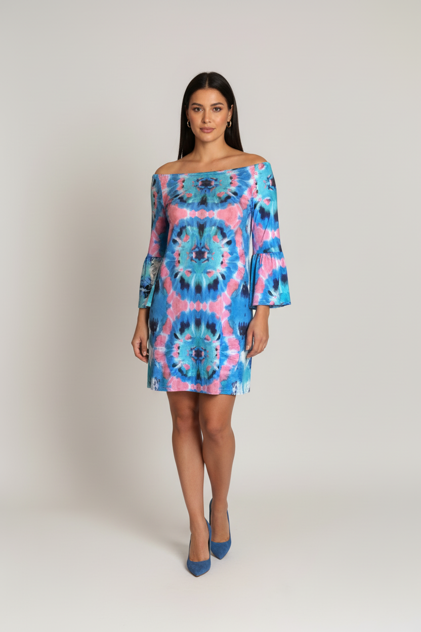 Off the shoulder dress with sleeves - Multi-color Tie Dye