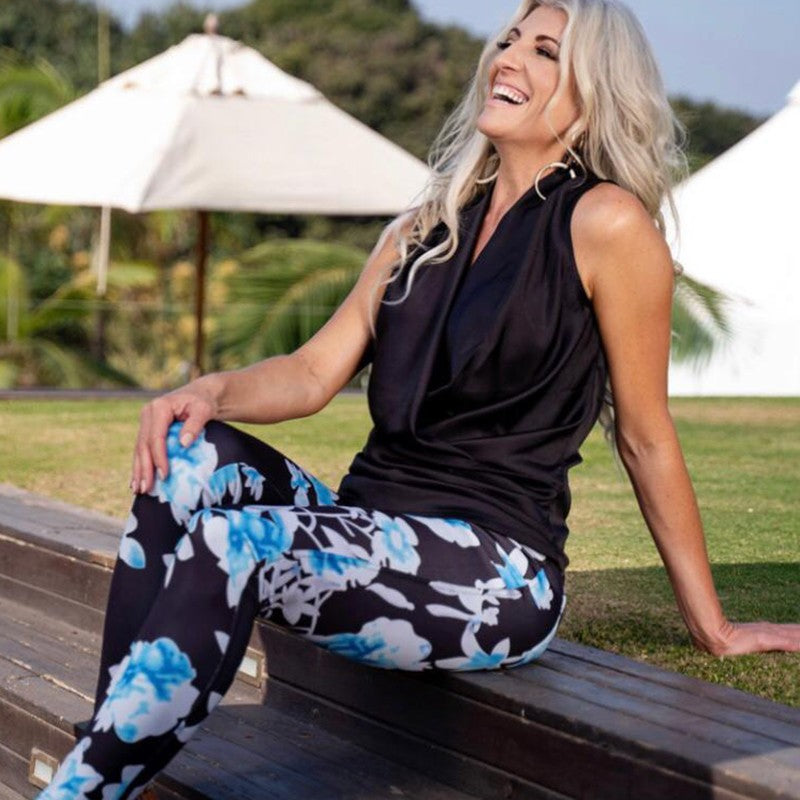 Stretch Pants Black with Blue and White Floral Kikuti Couture Shop