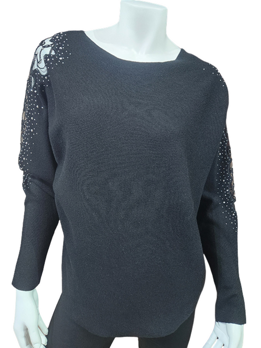 Black Knit Top with Lace & Embellishments on the sleeves