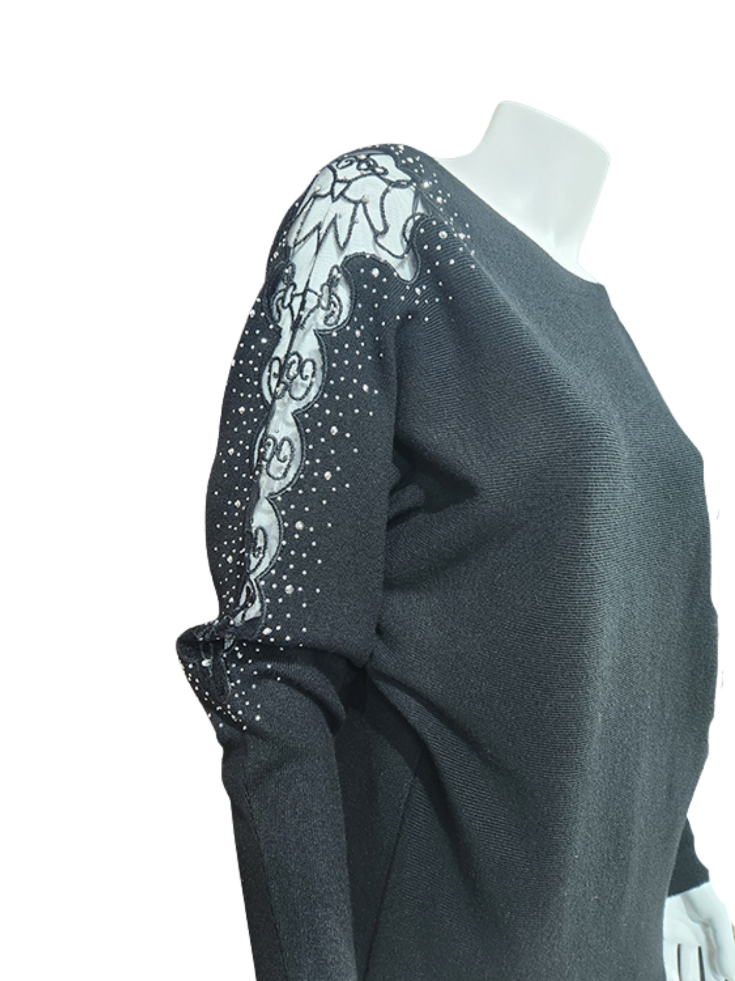 Black Knit Top with Lace & Embellishments on the sleeves