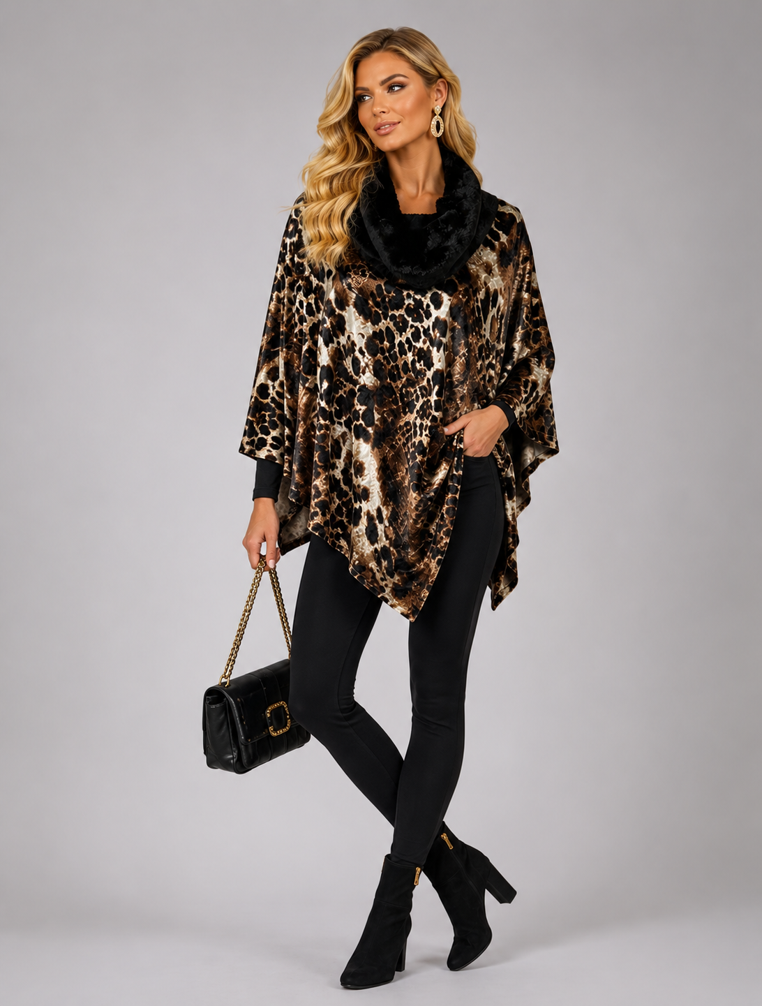 Mosi Poncho -  Velvet Leopard with Faux Bunny Fur