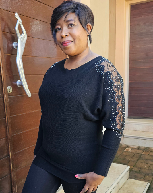 Black Knit Top with Lace & Embellishments on the sleeves