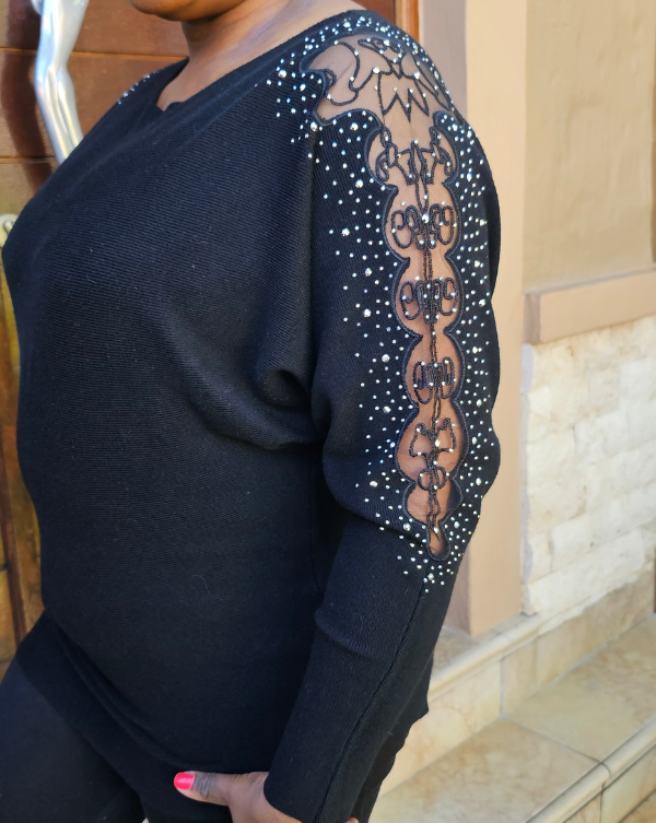 Black Knit Top with Lace & Embellishments on the sleeves