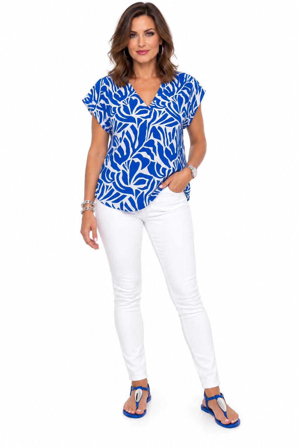 Royal Blue & White Print Viscose Top