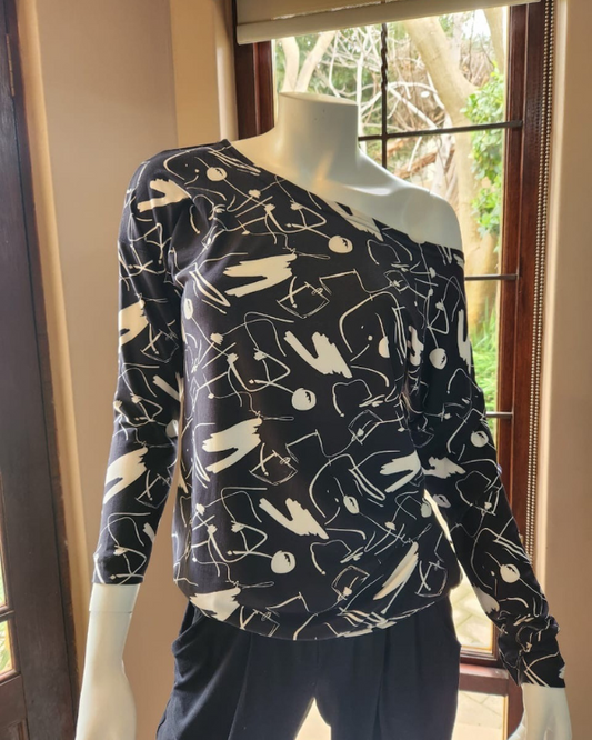 Off the Shoulder Top - Black & White Swirl