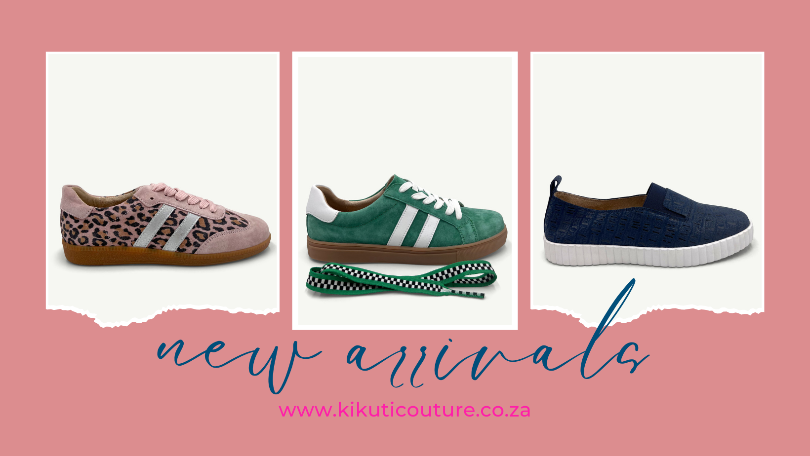Three pairs of shoes on a pink background with 'new arrivals' text and website URL.