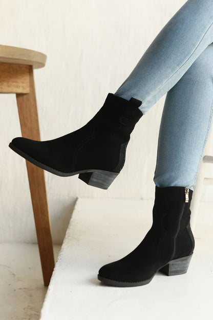 Belle Suede Leather Boots - Black