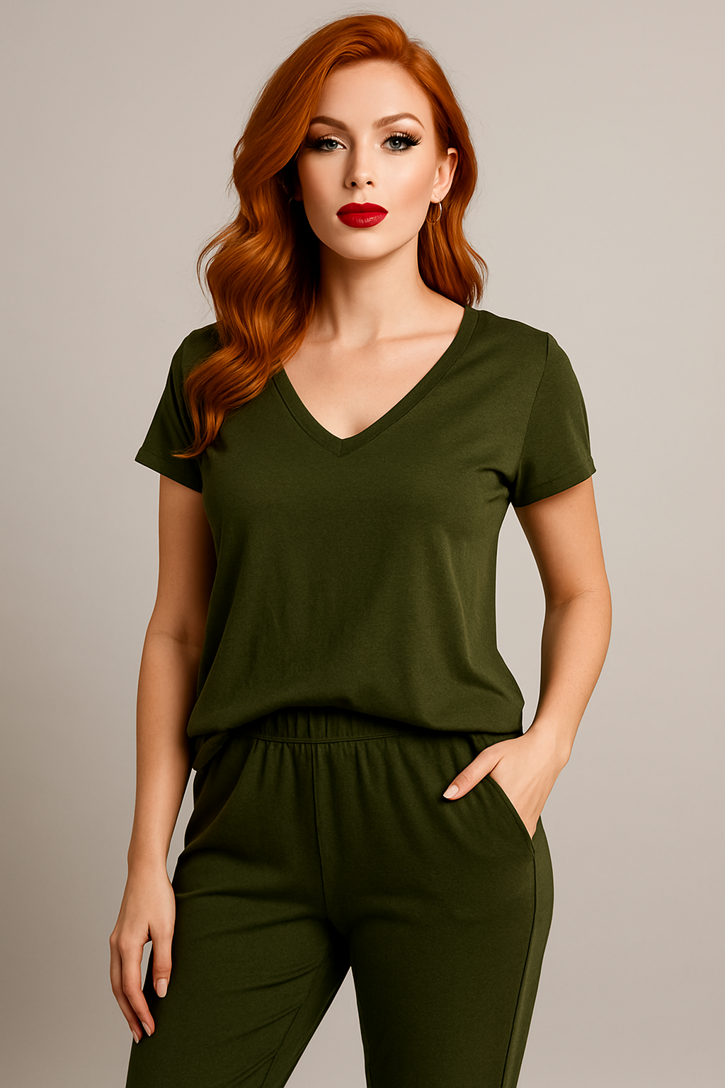 V-Neck Olive Jumpsuit - Extra Length