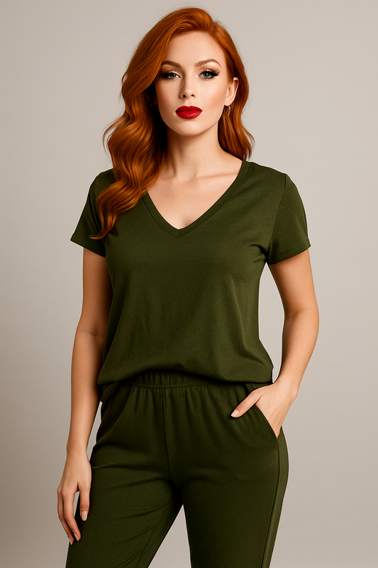 V-Neck Olive Jumpsuit - Extra Length