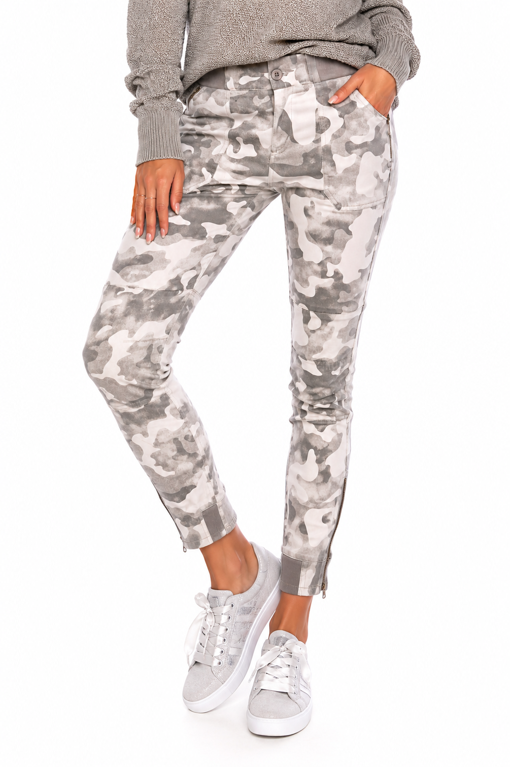 Grey Camo Print Cargo Pants