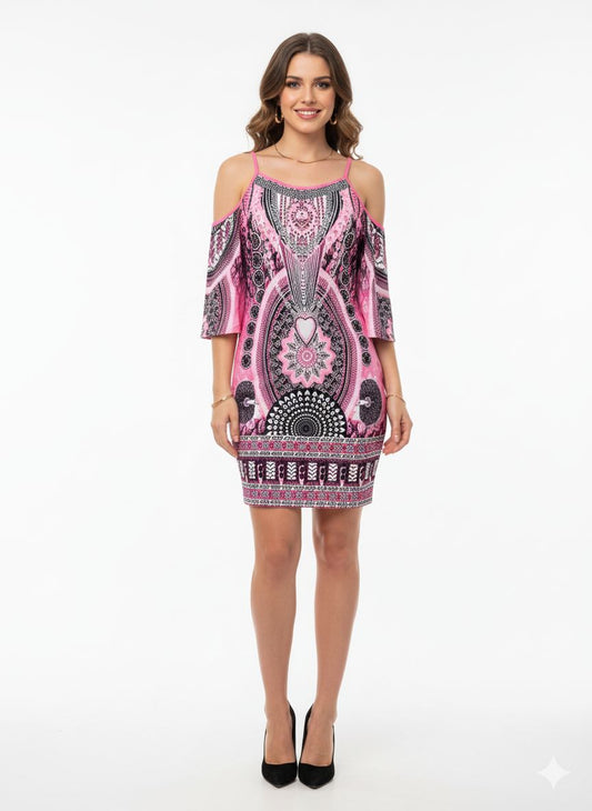 Cold Shoulder Dress - Pink Print