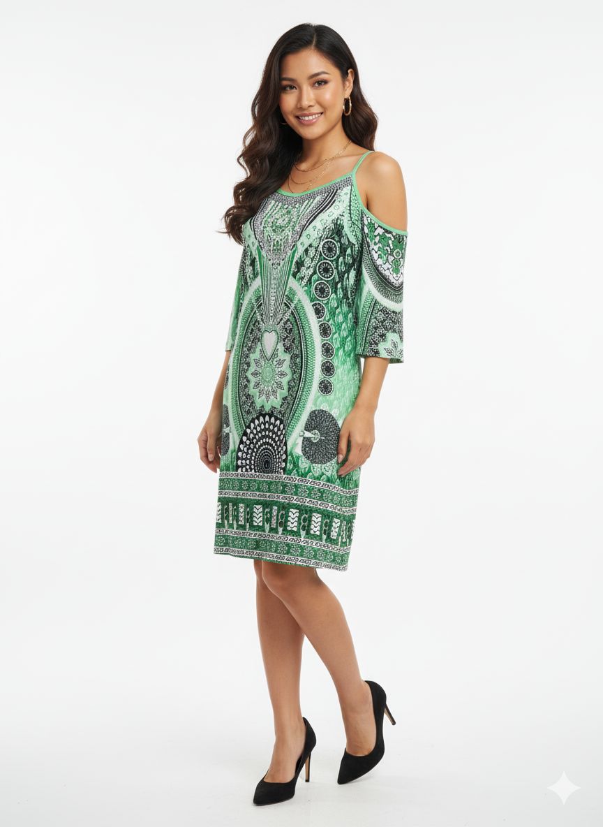 Cold Shoulder Dress - Green Print