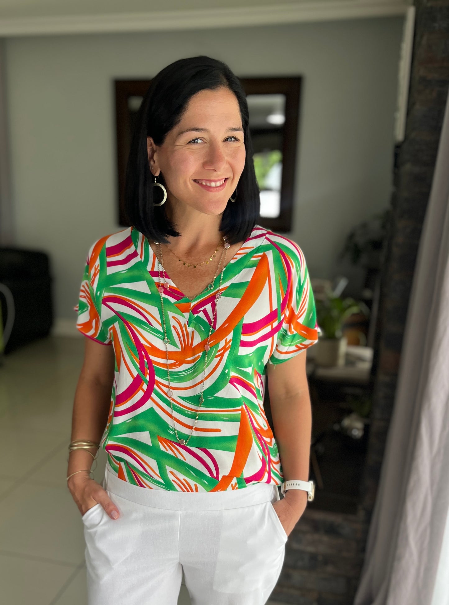 V-Neck Blouse - Green Orange Pink