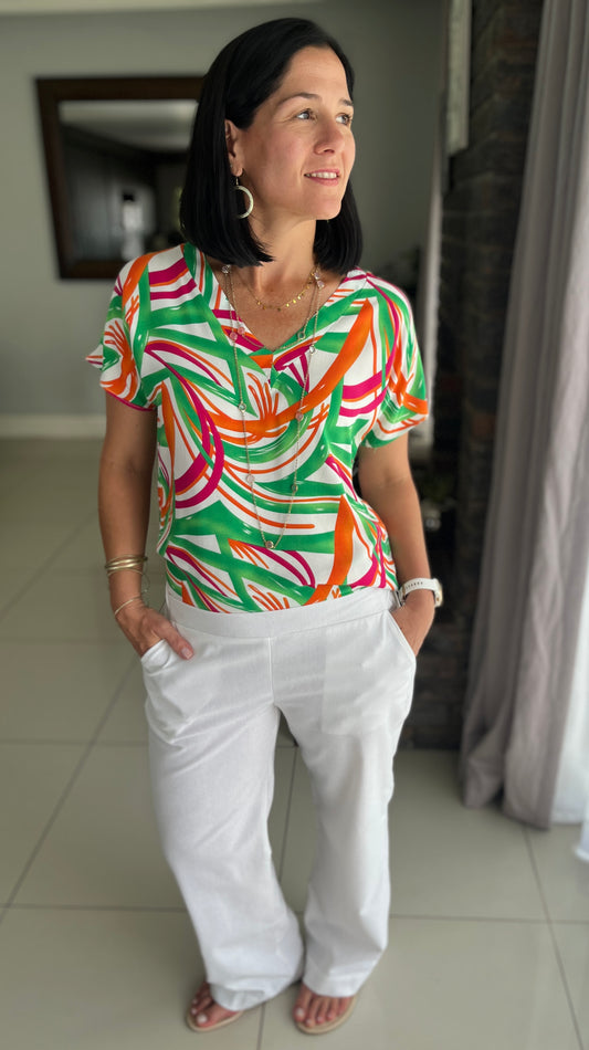 V-Neck Blouse - Green Orange Pink