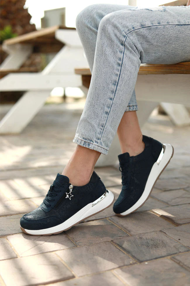Nina Leather Sneaker - Navy Snake