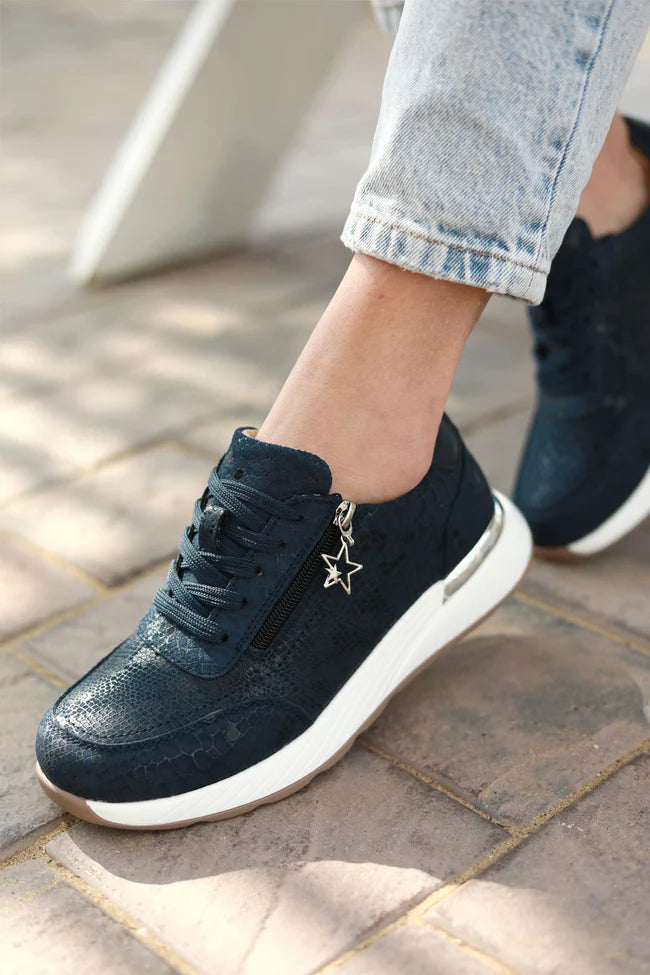 Nina Leather Sneaker - Navy Snake
