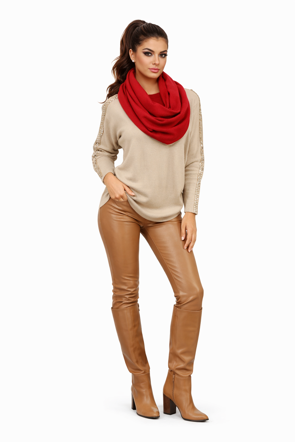 Camel light knit with open lace & sequin sleeve detail