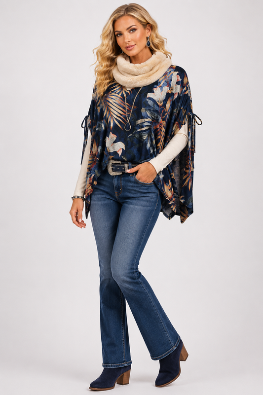Jamaa Poncho - Navy Flowers/Camel