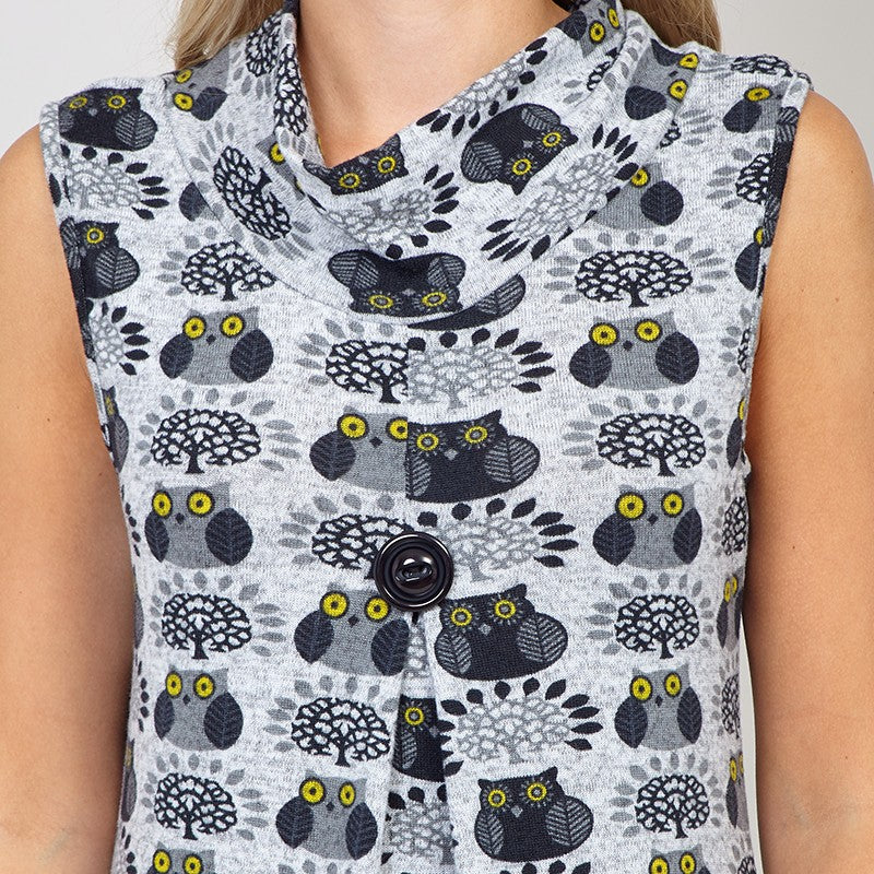 Cowl Neck Sleeveless Owl Knit