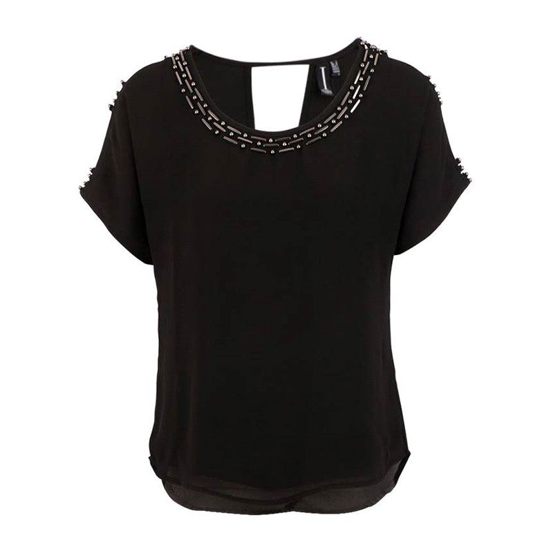 Short Sleeve Sequin Neck and Sleeve Blouse