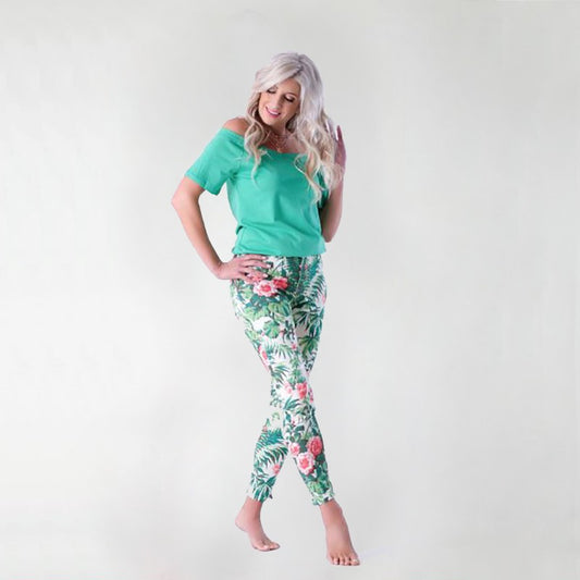 Stretch Pants - White and green Floral