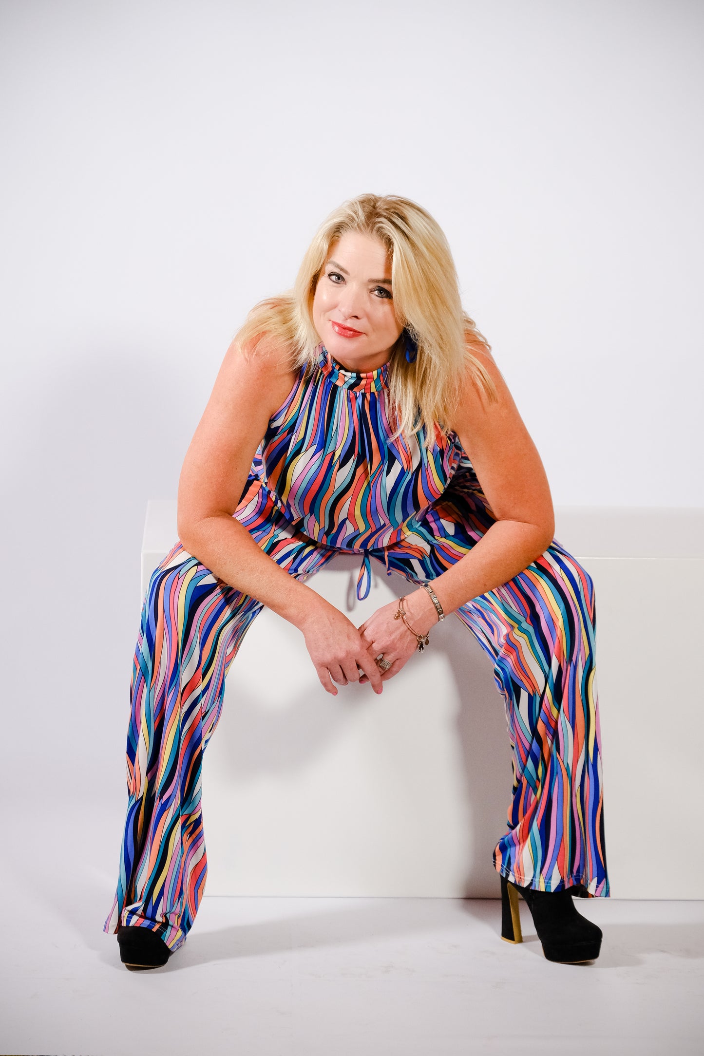 Coral Multicolour Stripes  Halterneck Sleeveless Jumpsuit Wide Leg